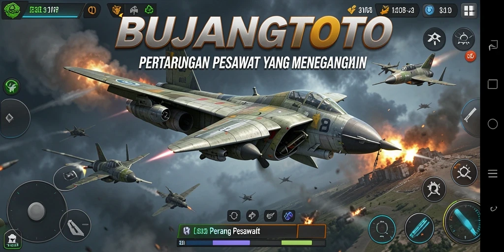 Antarmuka permainan yang menampilkan pertempuran pesawat yang mendebarkan.